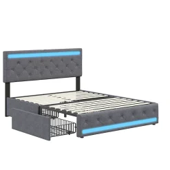 Simple Life Lit rembourré 180x200 cm, LED, 4 tiroirs, USB, coffre en lin, sommier bois -Gris
