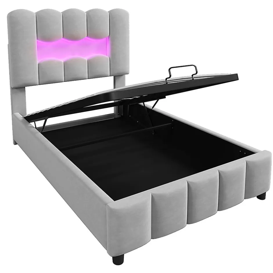 Blackcolors Lit rembourré 90x200 cm, LED, hydraulique, tête réglable, velours - gris