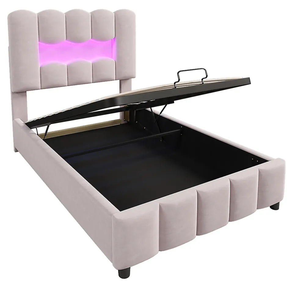 Blackcolors Lit rembourré 90x200 cm, LED, hydraulique, tête réglable, velours - rose New