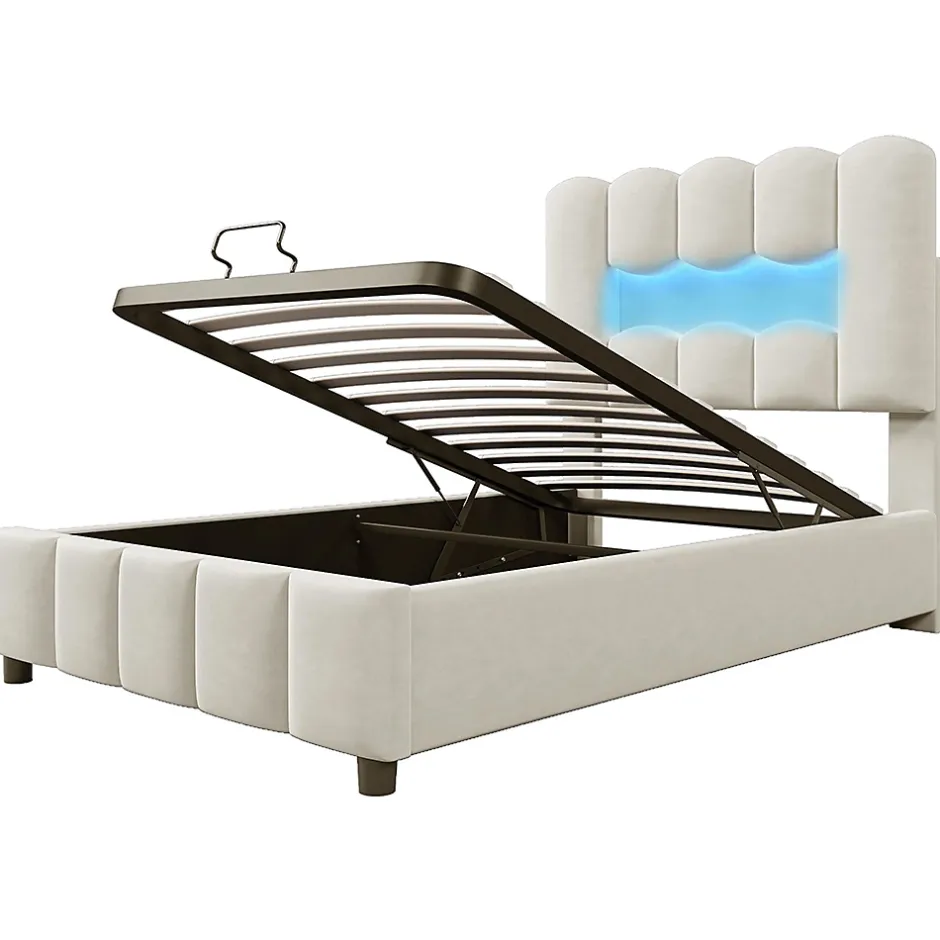 Blackcolors Lit rembourré 90x200 cm, LED, hydraulique, tête réglable, velours - beige New