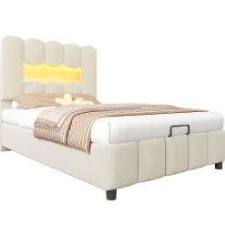 Blackcolors Lit rembourré 90x200 cm, LED, hydraulique, tête réglable, velours - beige New