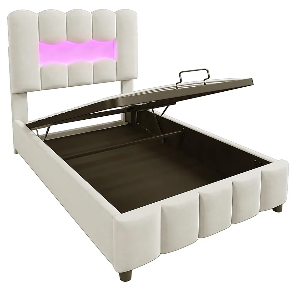Blackcolors Lit rembourré 90x200 cm, LED, hydraulique, tête réglable, velours - beige New