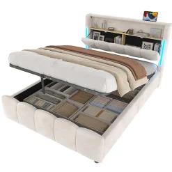 Blackcolors Lit rembourré 140x200 cm, LED, rangement hydraulique, USB/Type-C, velours - beige Outlet