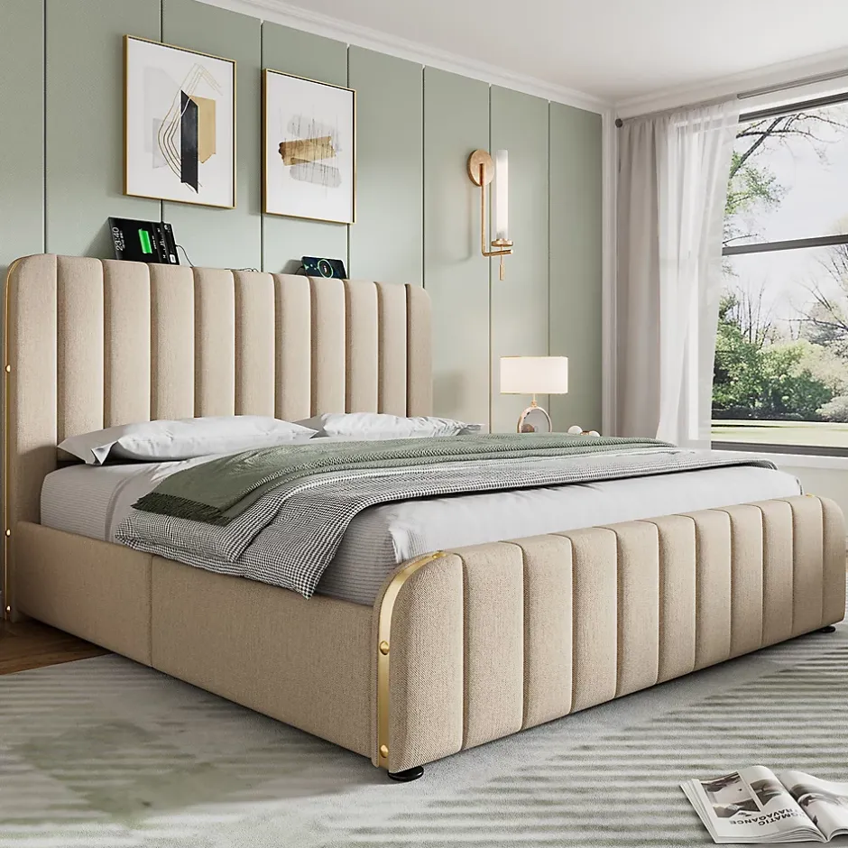 Gutent lit rembourré 140x200 cm lit 4 tiroirs lit fonction de charge usb type-c lit bandes décoratives dorées lit double lin beige New