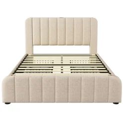 Gutent lit rembourré 140x200 cm lit 4 tiroirs lit fonction de charge usb type-c lit bandes décoratives dorées lit double lin beige New