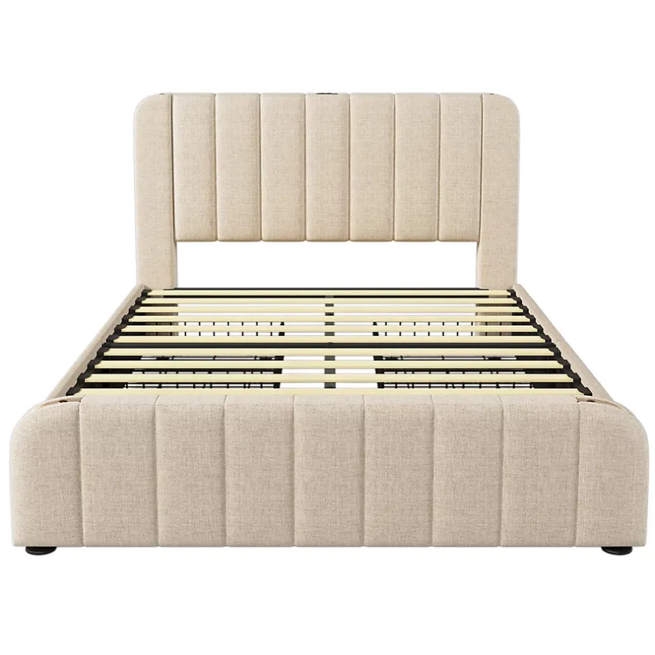 Gutent lit rembourré 140x200 cm lit 4 tiroirs lit fonction de charge usb type-c lit bandes décoratives dorées lit double lin beige New