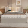 Gutent Lit rembourré 140x200 cm, lit avec rangement, lit double avec sommier à lattes et lampe de lecture, lin, beige, sans matelas