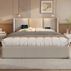 Gutent Lit rembourré 140x200 cm, lit avec rangement, lit double avec sommier à lattes et lampe de lecture, lin, beige, sans matelas