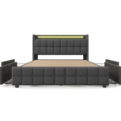 Gutent Lit rembourré 180x200 cm lit de rangement lit 4 tiroirs lit éclairage led lit sommier à lattes en bois lit double lin gris Sale