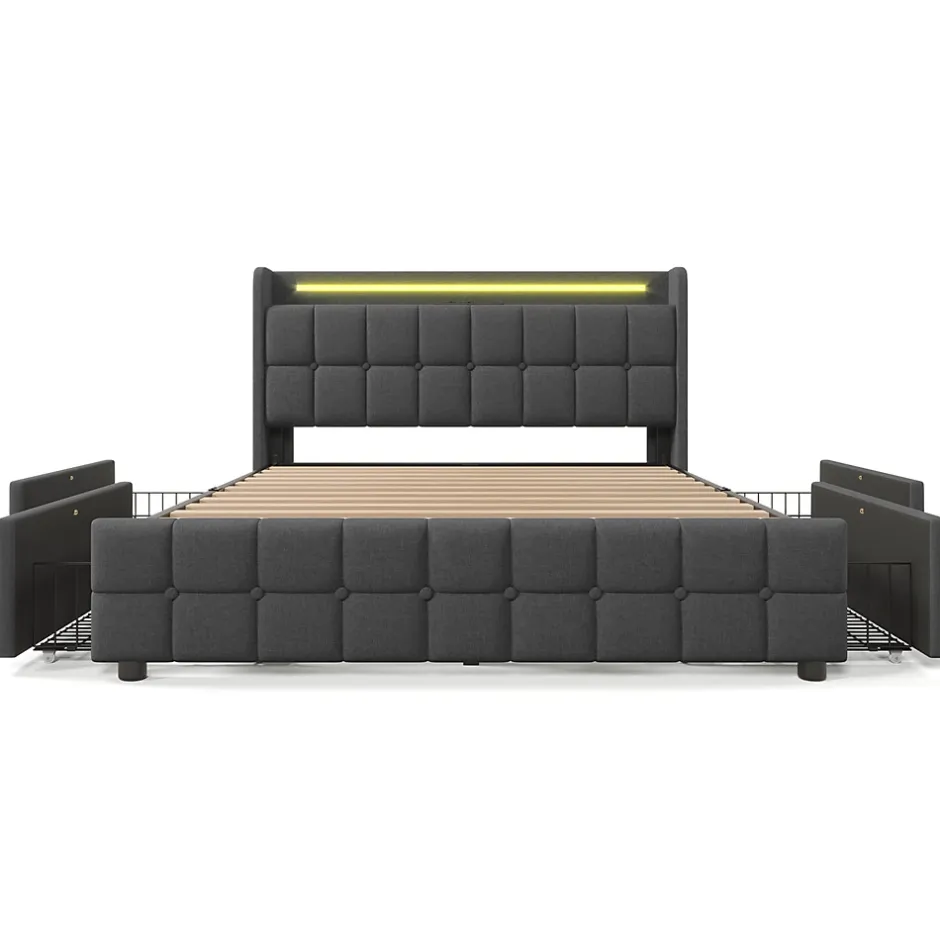 Gutent Lit rembourré 180x200 cm lit de rangement lit 4 tiroirs lit éclairage led lit sommier à lattes en bois lit double lin gris Sale
