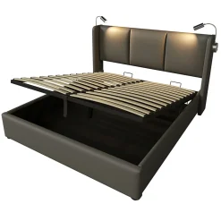 Gutent Lit rembourré 140x200 cm lit de rangement lit lampe de lecture lit tête de lit avec fonction de chargement usb lit double pu gris Best