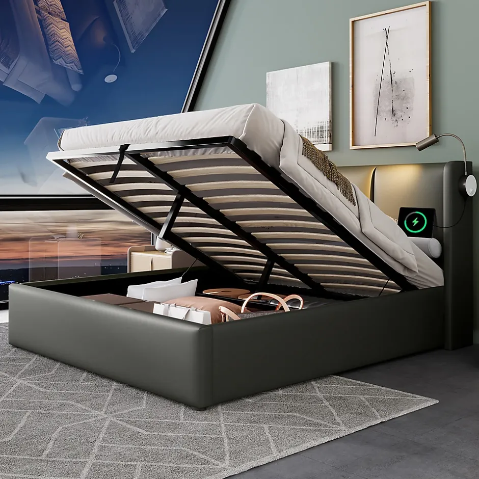 Gutent Lit rembourré 140x200 cm lit de rangement lit lampe de lecture lit tête de lit avec fonction de chargement usb lit double pu gris Best