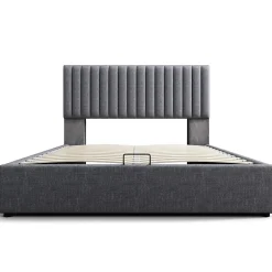 Gutent lit rembourré 160x200 cm lit de rangement avec fonction de recharge usb type c lit sommier à lattes en bois lit double lin gris