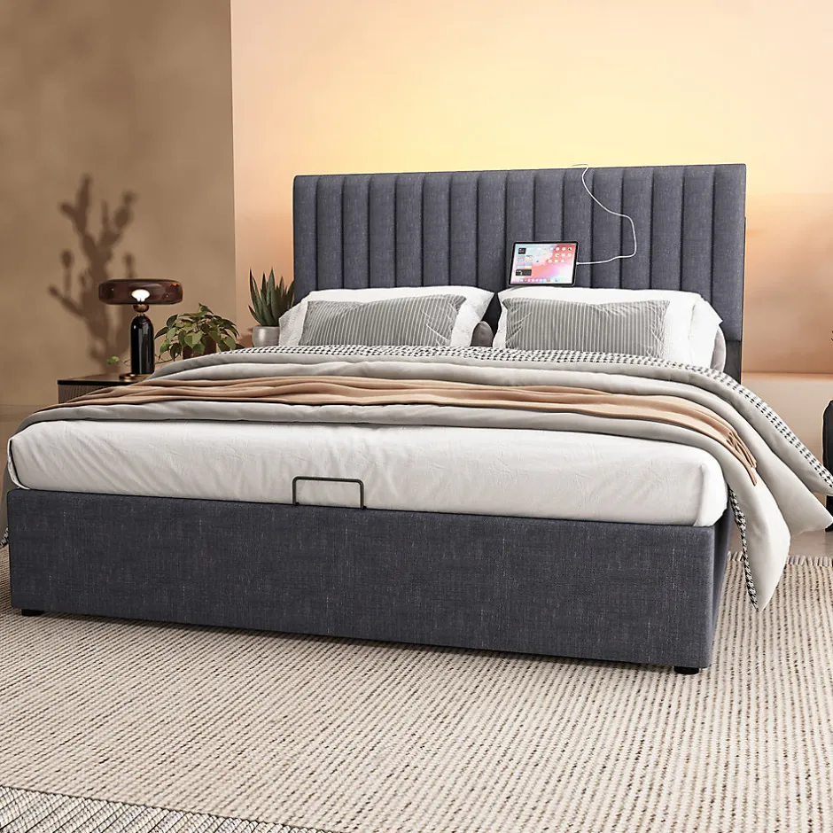 Gutent lit rembourré 160x200 cm lit de rangement avec fonction de recharge usb type c lit sommier à lattes en bois lit double lin gris