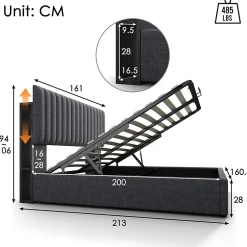 Gutent lit rembourré 160x200 cm lit de rangement avec fonction de recharge usb type c lit sommier à lattes en bois lit double lin gris