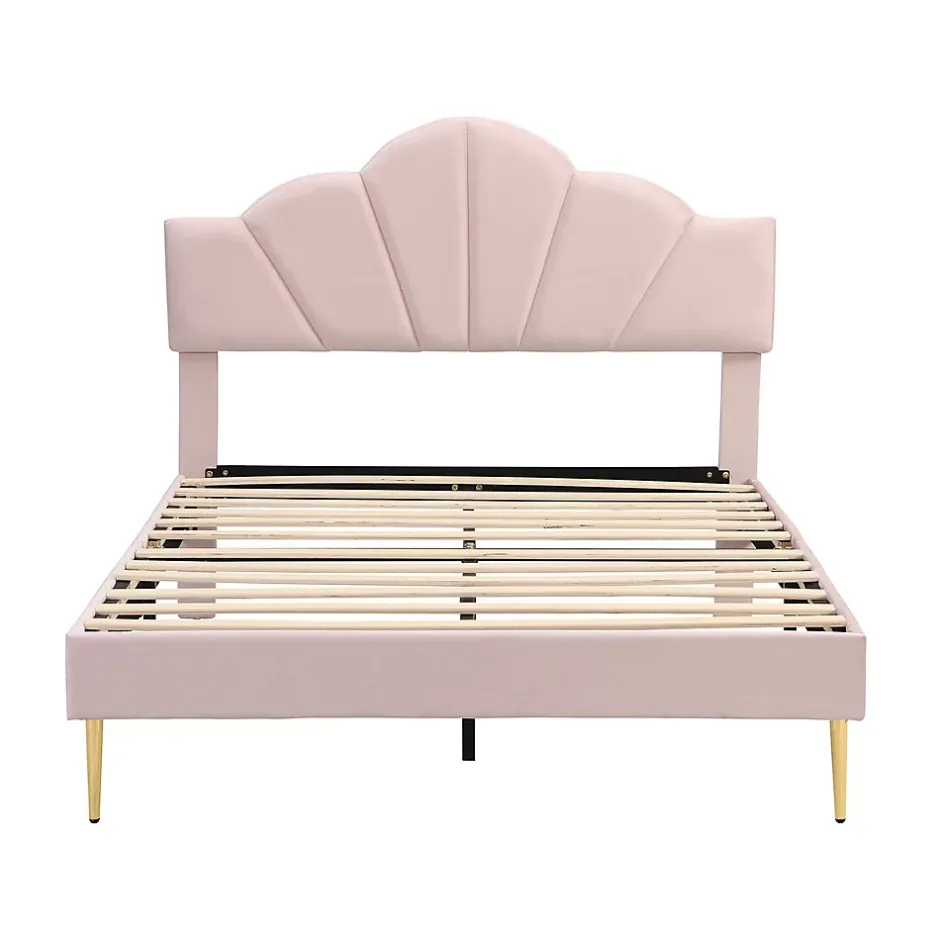 Gutent Lit rembourré 140x190 cm lit double avec sommier à lattes - tête de lit réglable - tissu en velours - rose Clearance