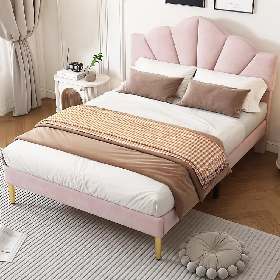 Gutent Lit rembourré 140x190 cm lit double avec sommier à lattes - tête de lit réglable - tissu en velours - rose Clearance