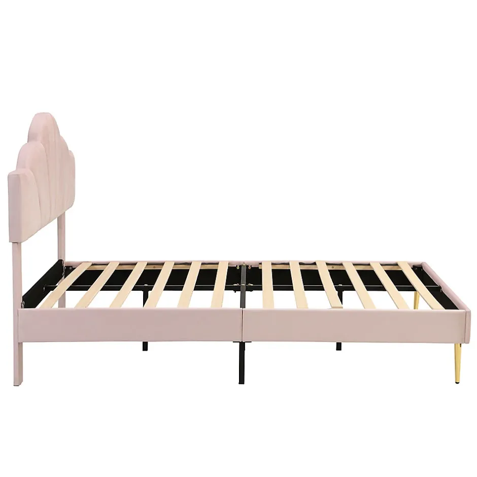 Gutent Lit rembourré 140x190 cm lit double avec sommier à lattes - tête de lit réglable - tissu en velours - rose Clearance