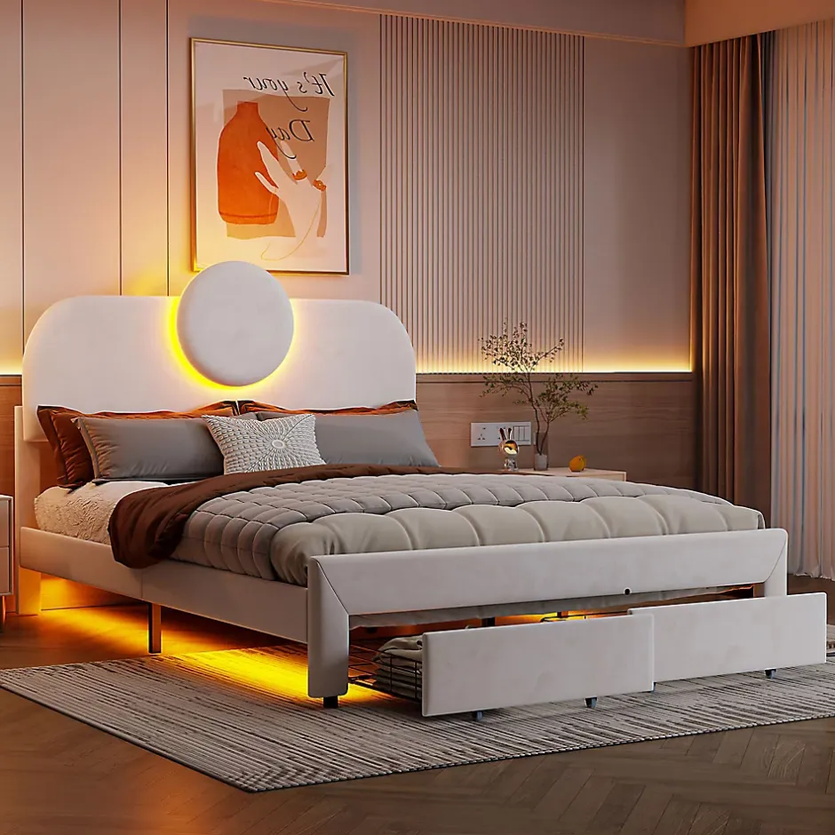 Simple Life Lit Rembourré 140x200 cm, lit double avec éclairage LED et 2 tiroirs, pour adultes et adolescents Discount