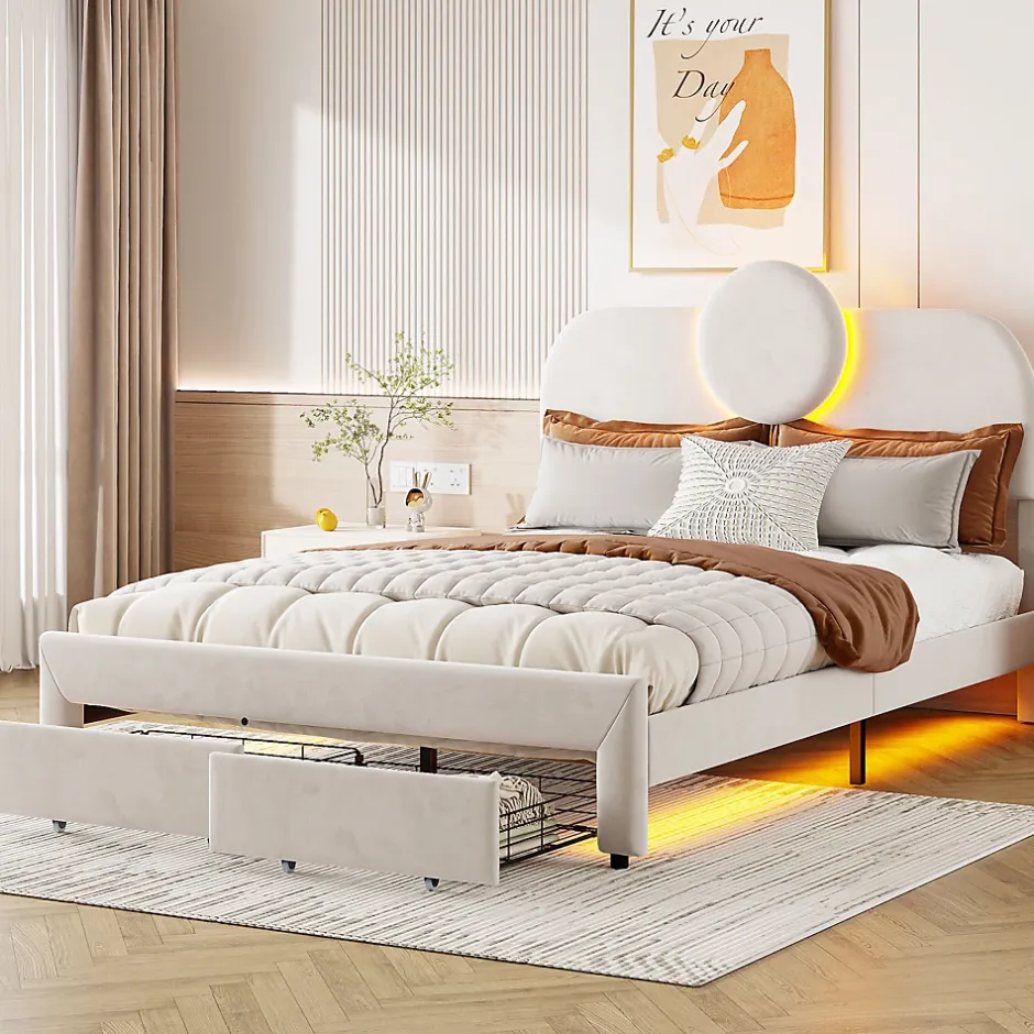Simple Life Lit Rembourré 140x200 cm, lit double avec éclairage LED et 2 tiroirs, pour adultes et adolescents Discount