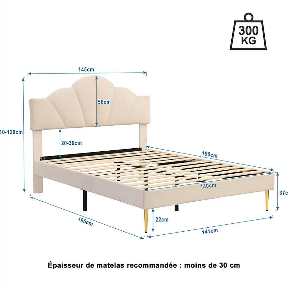 Gutent Lit rembourré 140x190 cm lit double avec sommier à lattes - tête de lit réglable - tissu en velours - beige