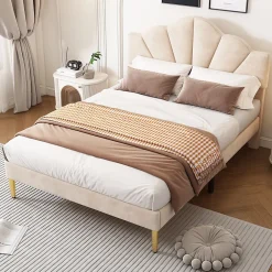 Gutent Lit rembourré 140x190 cm lit double avec sommier à lattes - tête de lit réglable - tissu en velours - beige