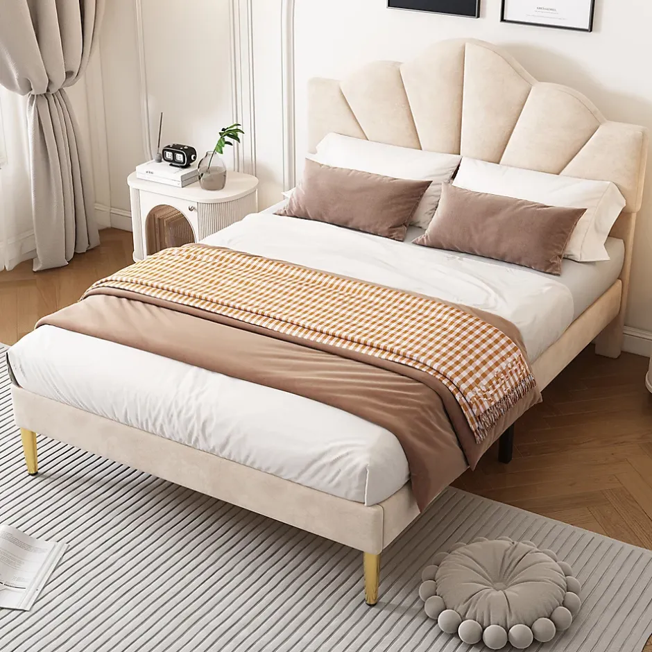 Gutent Lit rembourré 140x190 cm lit double avec sommier à lattes - tête de lit réglable - tissu en velours - beige