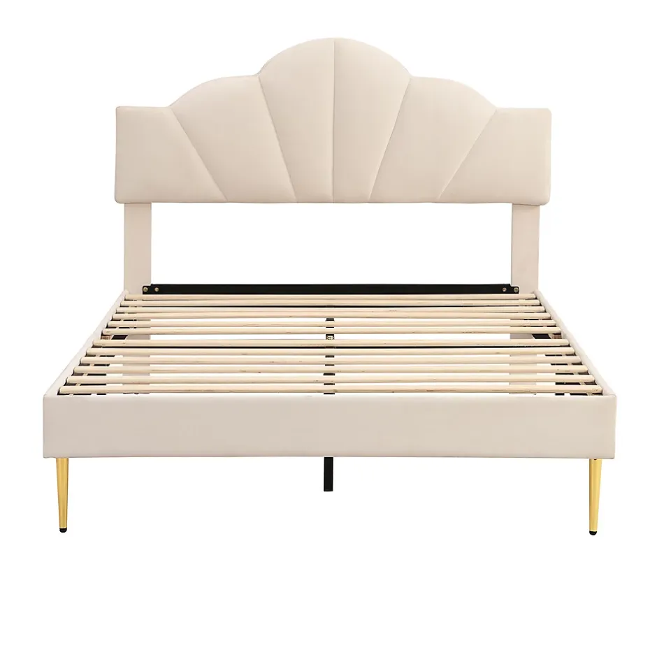 Gutent Lit rembourré 140x190 cm lit double avec sommier à lattes - tête de lit réglable - tissu en velours - beige