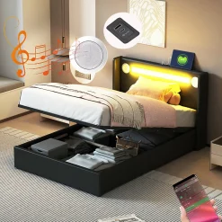Gutent Lit rembourré 90x200 cm lit sommier à lattes lit barre lumineuse à led lecteur bluetooth et recharge usb Single cuir pu noir Discount