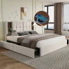 Gutent Lit rembourré 160x200 cm lit sommier à lattes en bois lit chargement sans fil usb c lit 4 tiroirs lit double velours beige