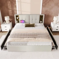 Gutent Lit rembourré 160x200 cm lit sommier à lattes en bois lit chargement sans fil usb c lit 4 tiroirs lit double velours beige