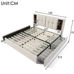 Gutent Lit rembourré 160x200 cm lit sommier à lattes en bois lit chargement sans fil usb c lit 4 tiroirs lit double velours beige