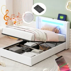 Gutent Lit rembourré 90x200 cm lit sommier à lattes lit barre lumineuse à led lecteur bluetooth et recharge usb Single cuir pu blanc