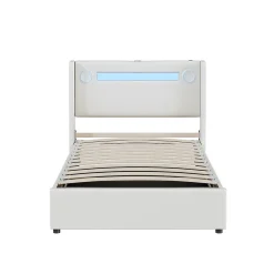 Gutent Lit rembourré 90x200 cm lit sommier à lattes lit barre lumineuse à led lecteur bluetooth et recharge usb Single cuir pu blanc