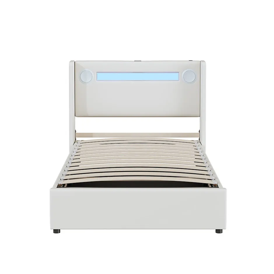 Gutent Lit rembourré 90x200 cm lit sommier à lattes lit barre lumineuse à led lecteur bluetooth et recharge usb Single cuir pu blanc