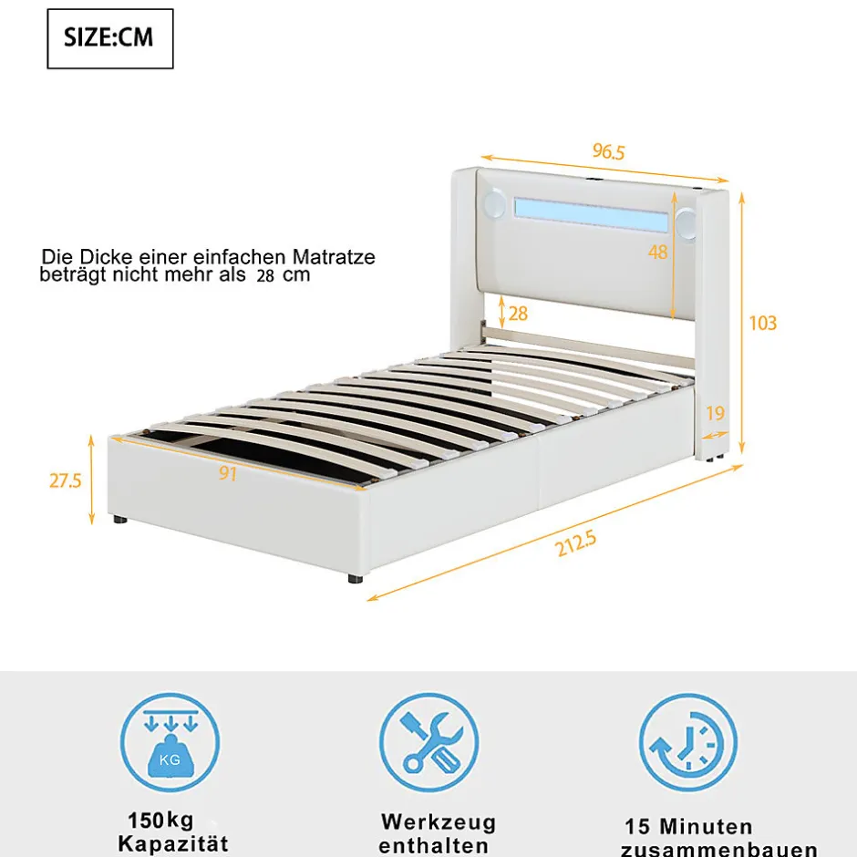 Gutent Lit rembourré 90x200 cm lit sommier à lattes lit barre lumineuse à led lecteur bluetooth et recharge usb Single cuir pu blanc