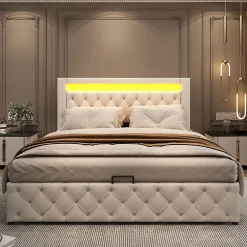 Blackcolors Lit Rembourré 140X200 Cm Sommier Rangement LED Blanc PU Discount