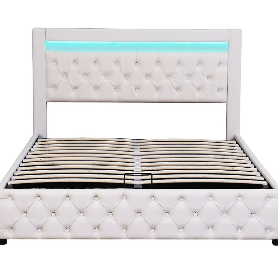Blackcolors Lit Rembourré 140X200 Cm Sommier Rangement LED Blanc PU Discount