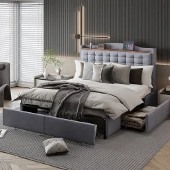 Gutent Lit rembourré 140x200 cm, table de nuit avec port de chargement USB et étagère, lit double plat avec 4 tiroirs, gris New