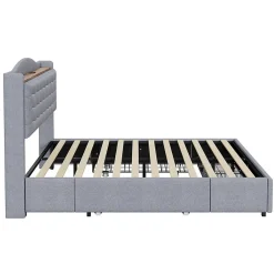 Gutent Lit rembourré 140x200 cm, table de nuit avec port de chargement USB et étagère, lit double plat avec 4 tiroirs, gris New