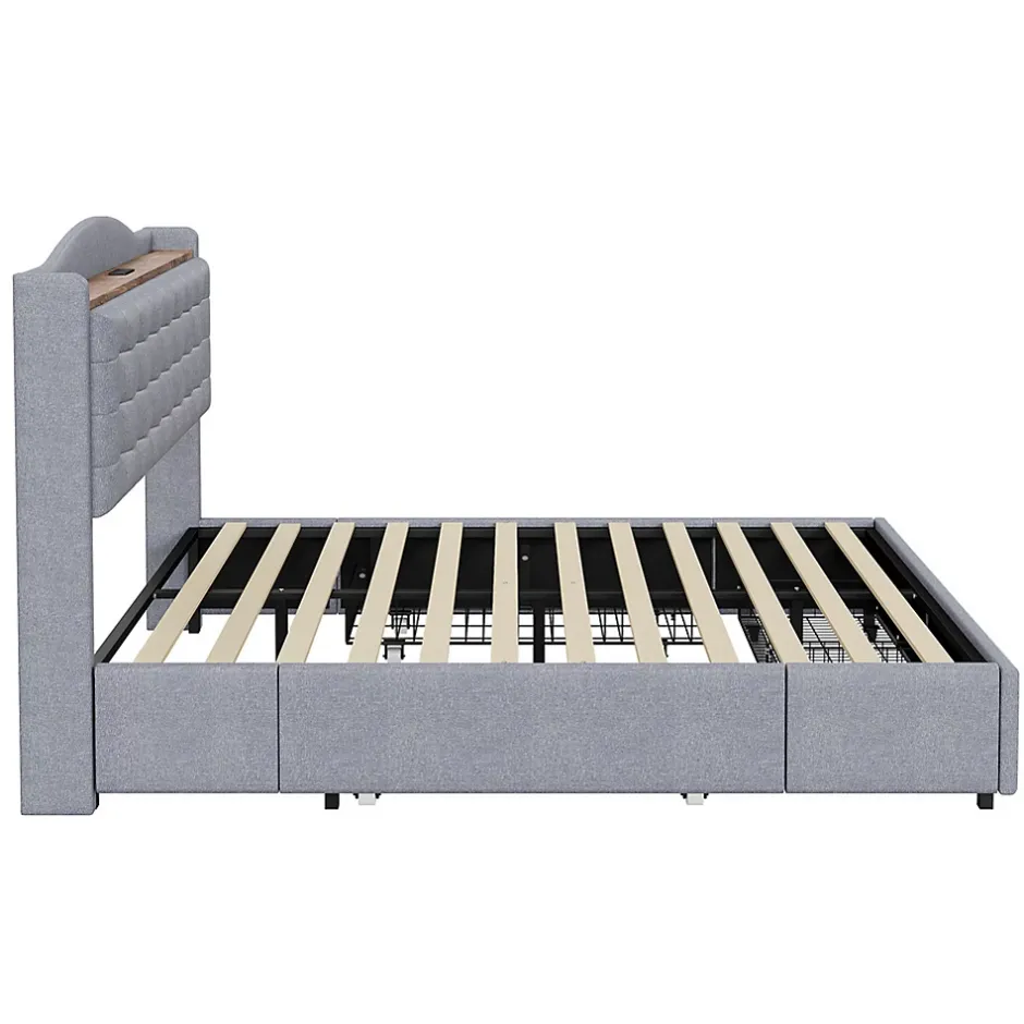 Gutent Lit rembourré 140x200 cm, table de nuit avec port de chargement USB et étagère, lit double plat avec 4 tiroirs, gris New
