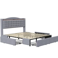 Gutent Lit rembourré 140x200 cm, table de nuit avec port de chargement USB et étagère, lit double plat avec 4 tiroirs, gris New