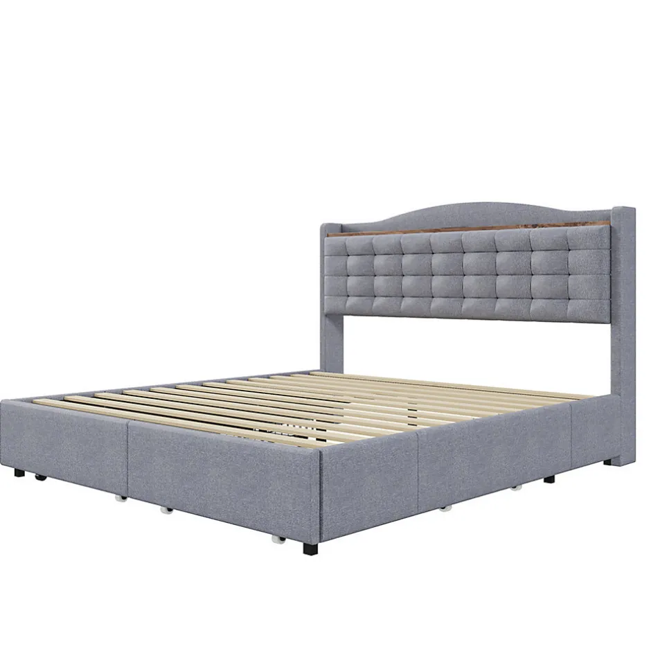 Gutent Lit rembourré 160x200 cm, table de nuit avec port de chargement USB et étagère, lit double plat avec 4 tiroirs, gris