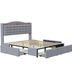 Gutent Lit rembourré 160x200 cm, table de nuit avec port de chargement USB et étagère, lit double plat avec 4 tiroirs, gris