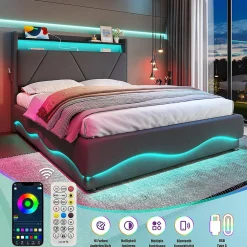 Blackcolors Lit rembourré 160x200 cm, tête LED, rangement, sommiers gaz, USB, poches latérales