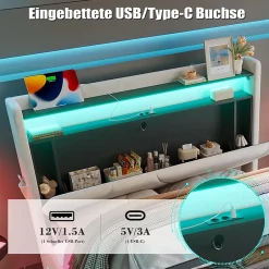 Blackcolors Lit rembourré 160x200 cm, tête LED, surfaces rangement, sommiers gaz, USB, poches Clearance