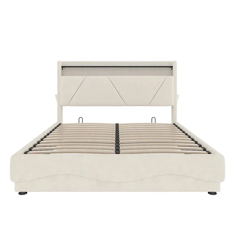 Blackcolors Lit rembourré 160x200 cm, tête LED, surfaces rangement, sommiers gaz, USB, poches Clearance
