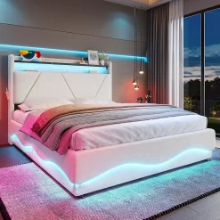 Blackcolors Lit rembourré 160x200 cm, tête LED, surfaces rangement, sommiers gaz, USB, poches Clearance