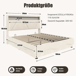 Blackcolors Lit rembourré 160x200 cm, tête LED, surfaces rangement, sommiers gaz, USB, poches Clearance