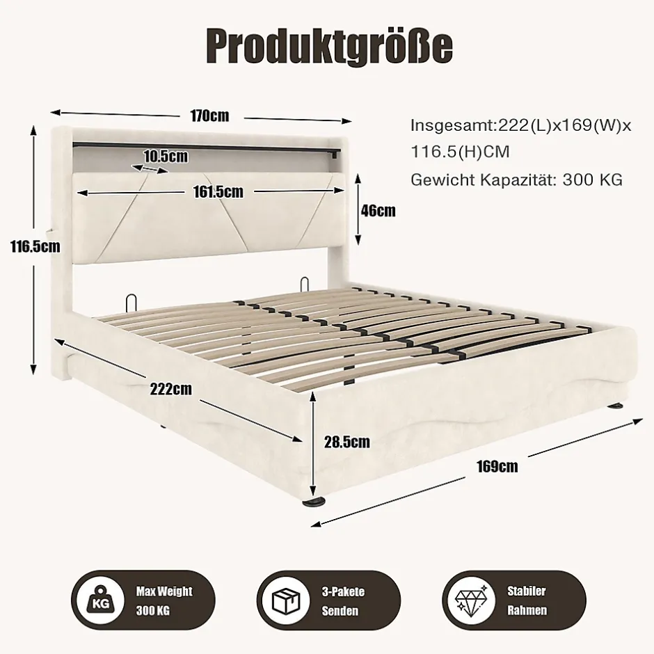 Blackcolors Lit rembourré 160x200 cm, tête LED, surfaces rangement, sommiers gaz, USB, poches Clearance